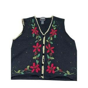 Vtg Beaded Embroidered Christmas Sweater‎ Vest Holiday Black Women's PM Medium